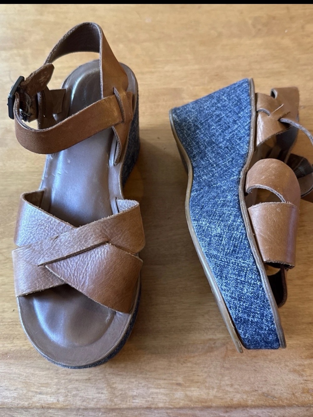 Kork-Ease Sandal For Sundance 8.5 Platform Wedge Tan Leather Blue Denim Sides